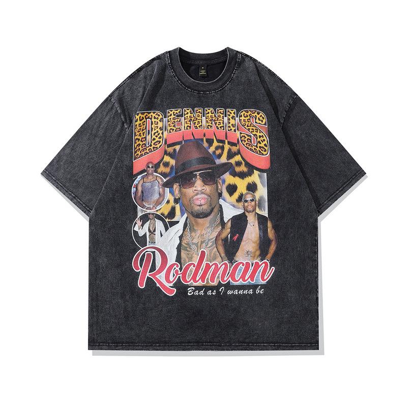 Rodman Portrait Retro Washed Old Short-Sleeved T-Shirt Men'S And Women'S American Street Hiphop Half-Sleeved Tee
