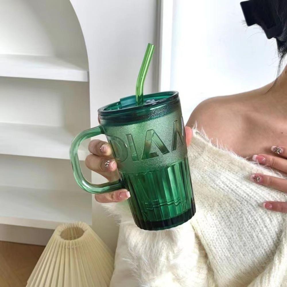 

400ml With Lid And Straw Coffee Cup Striped Mocha Cup Retro Glass Mug