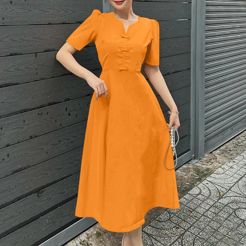 ZANZEA Women Casual V-Neck Summer Short Sleeve Long Dress