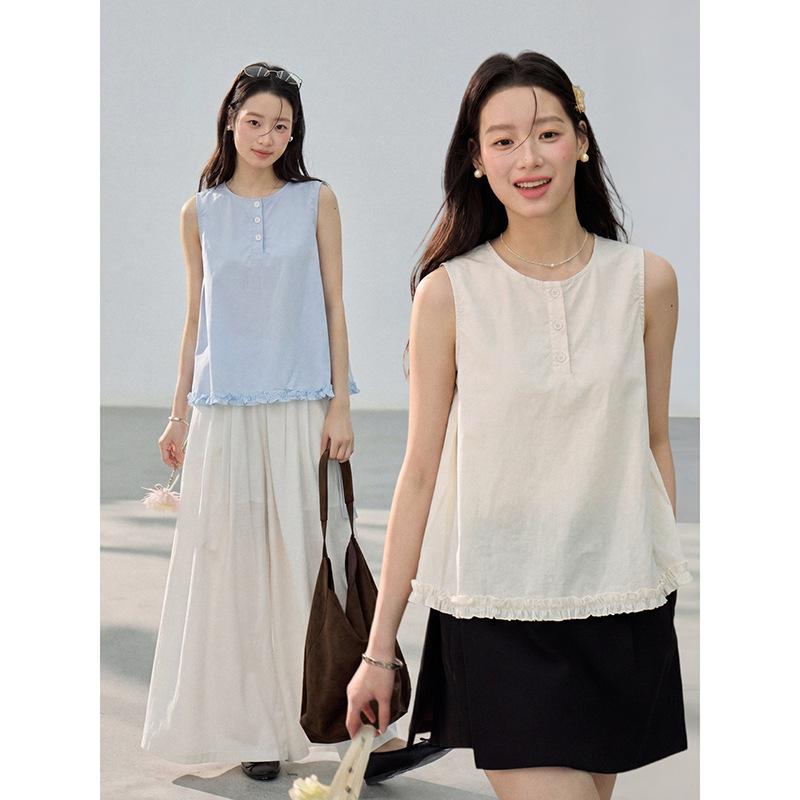 French Pleated Lace Vest Summer New Round Neck Button-down Sleeveless Top