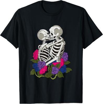 Bisexuelles Skelett küsst Blumen Grafik-T-Shirt LGBTQ Pride Monat Lässiges Kurzarm-T-Shirt