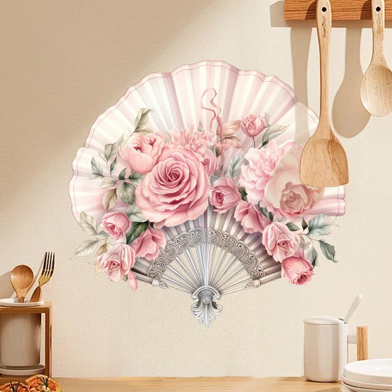 Creative Flower Folding Fan Wall Sticker New Chinese Style Bedroom Decor Headboard Study Background Self Adhesive Removable Art Sticker