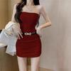 Elegant Strapless Bodycon Dress with Pleated Waist - Women's Autumn/Winter Style