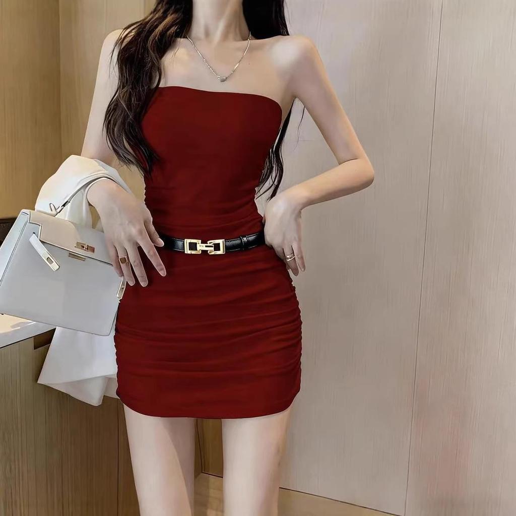 Elegant Strapless Bodycon Dress with Pleated Waist - Women's Autumn/Winter Style