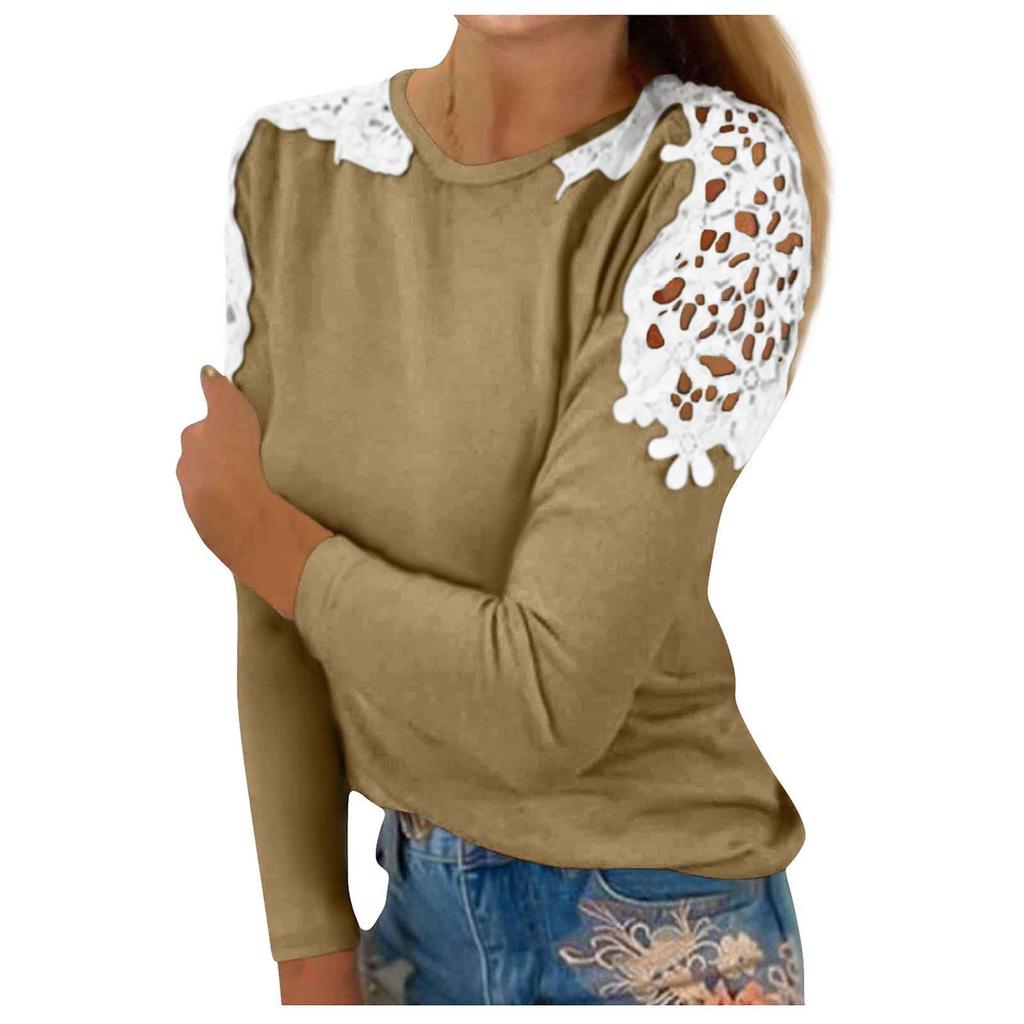 Women's Fashionable Color Patchwork Lace Hollow Out Round Neck Long Sleeved T-Shirt Top