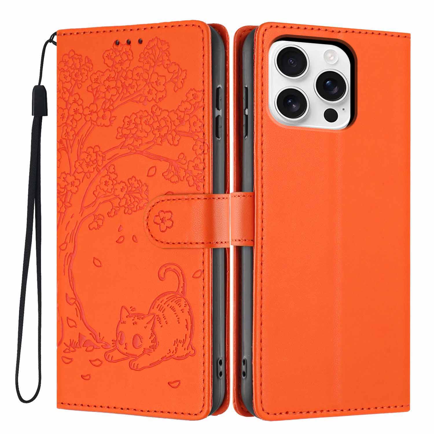 

For iPhone 16 Pro Stand Case Tree-and-Cat Pattern PU Leather Wallet Protective Phone Cover with Wrist Strap