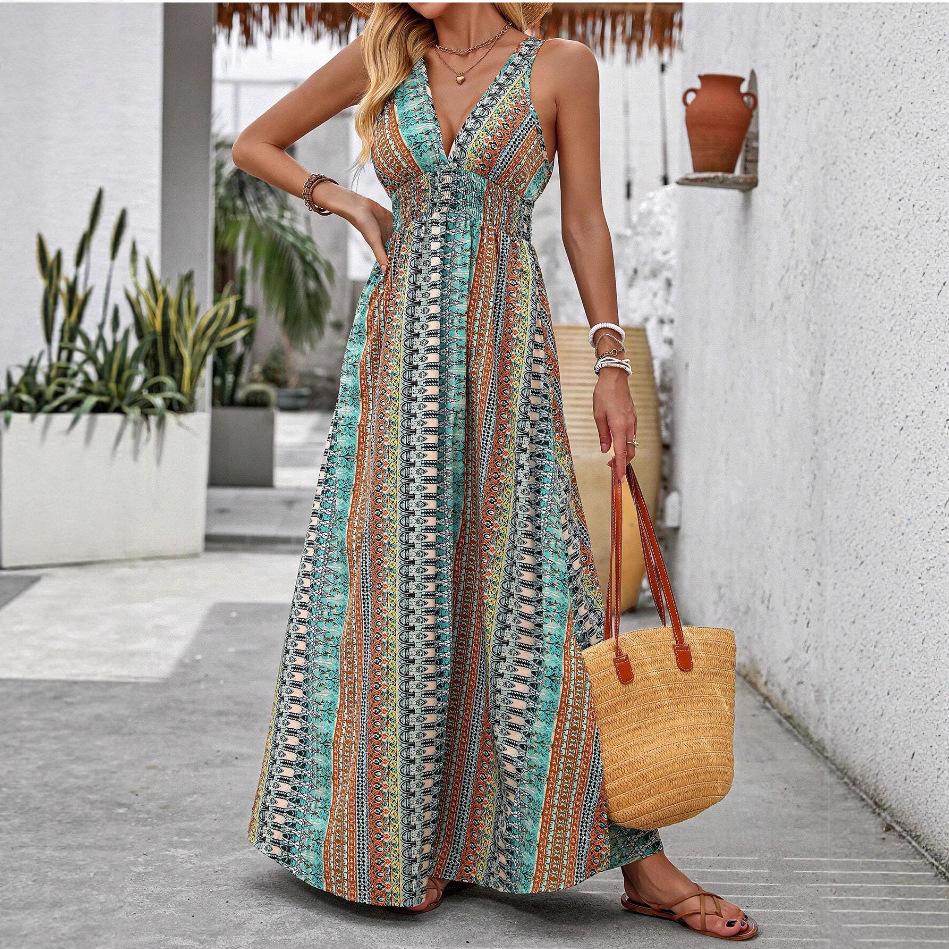 Summer new vacation fashion waist deep V print sleeveless dress