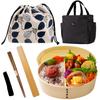 [Includes Broadleaf Pattern Drawstring Bag] 1. Bento Box Set Made of Plain Wood (willow Cedar), 2. Chopsticks, 3. Insulated Hotcold Bag, 4.
