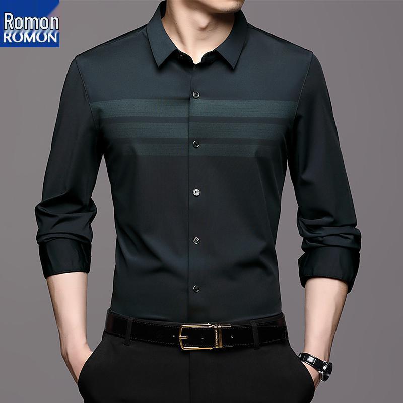 Romon Herren Maulbeerseide Langarm Nahtloses Knitterfreies Business Casual Hemd