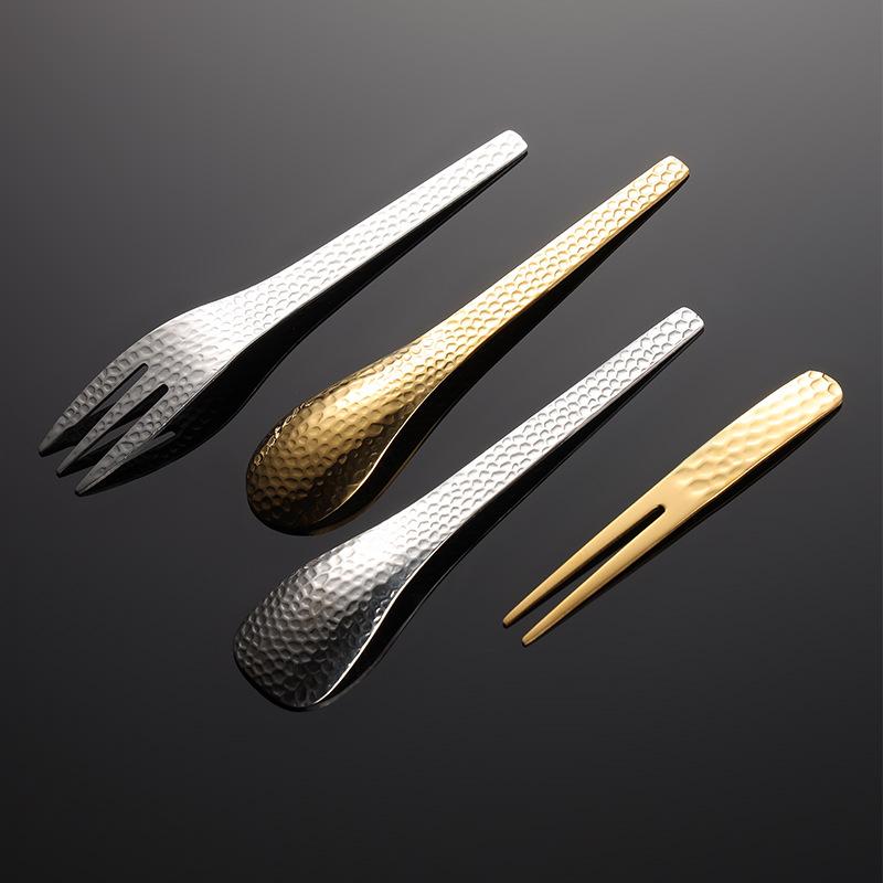 304 Hammer Stainless Steel Coffee Dessert Spoon and Fork Japanese Small Fresh Ice Cream Spoon Cake Mooncake Fruit Fork