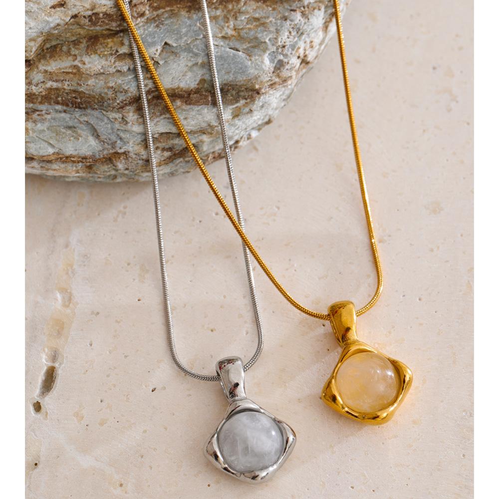 Eetit Stainless Steel Natural White Quartz Stone Pendant Necklace for Women Rust Proof Metal High Quality Trendy Jewelry