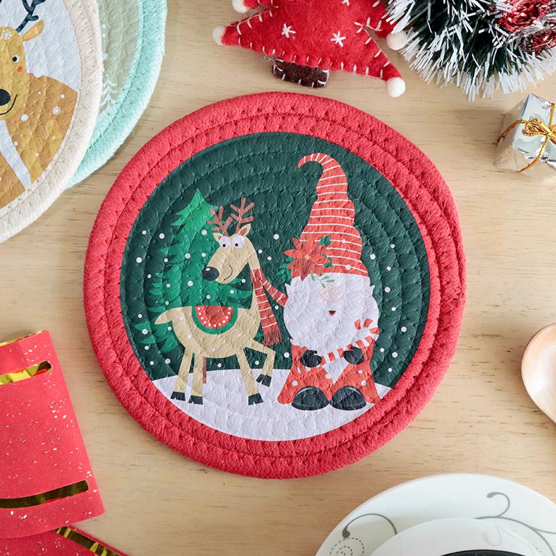 Christmas Cotton Rope Round Coasters Heat Insulation Non-Slip Durable Printed Coaster Home and Decoration Kitchen Utensils