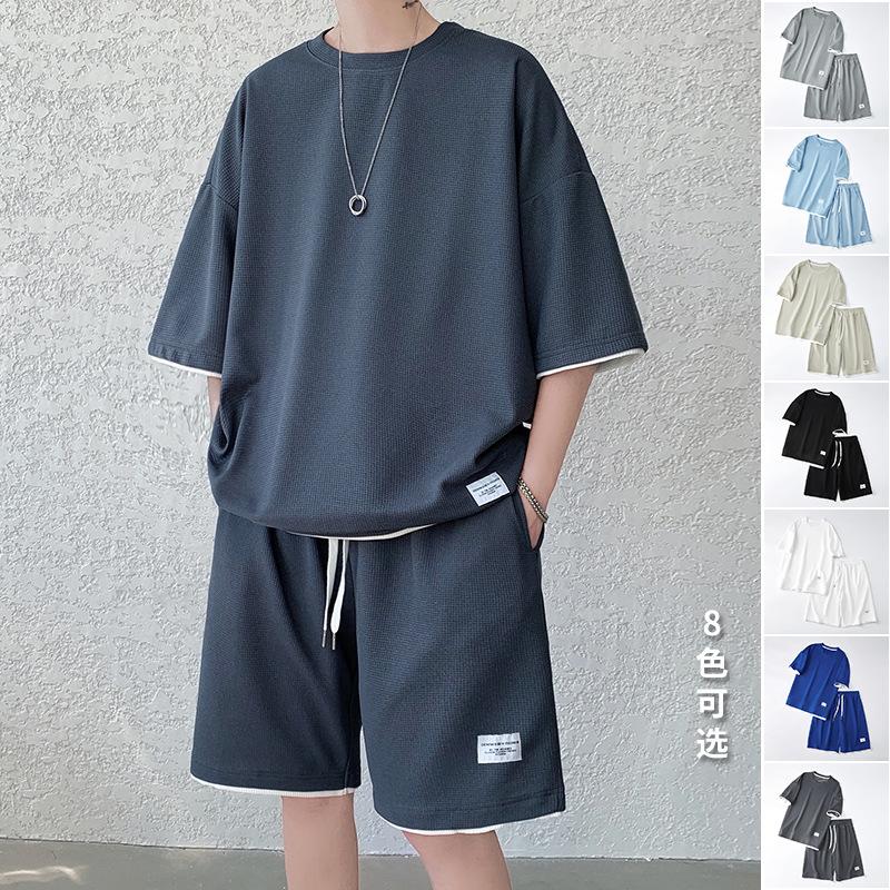 Waffle Suit Summer Men's Short-sleeved T-shirt Shorts Thin