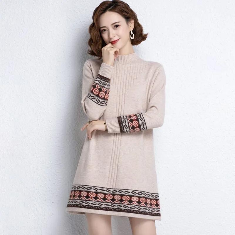 Autumn&Spring Half High Neck Knitted Sweater Dress Women's Loose Long Pullover Ethnic Style Retro Bottom Shirt Female