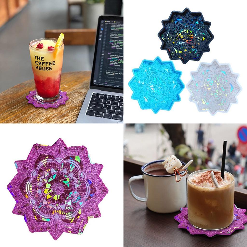 Mandala Coaster Plaster Silicone Mold DIY Crystal Epoxy Resin Mold Holographic Flower Shape Cup Mat Casting Mold Craft