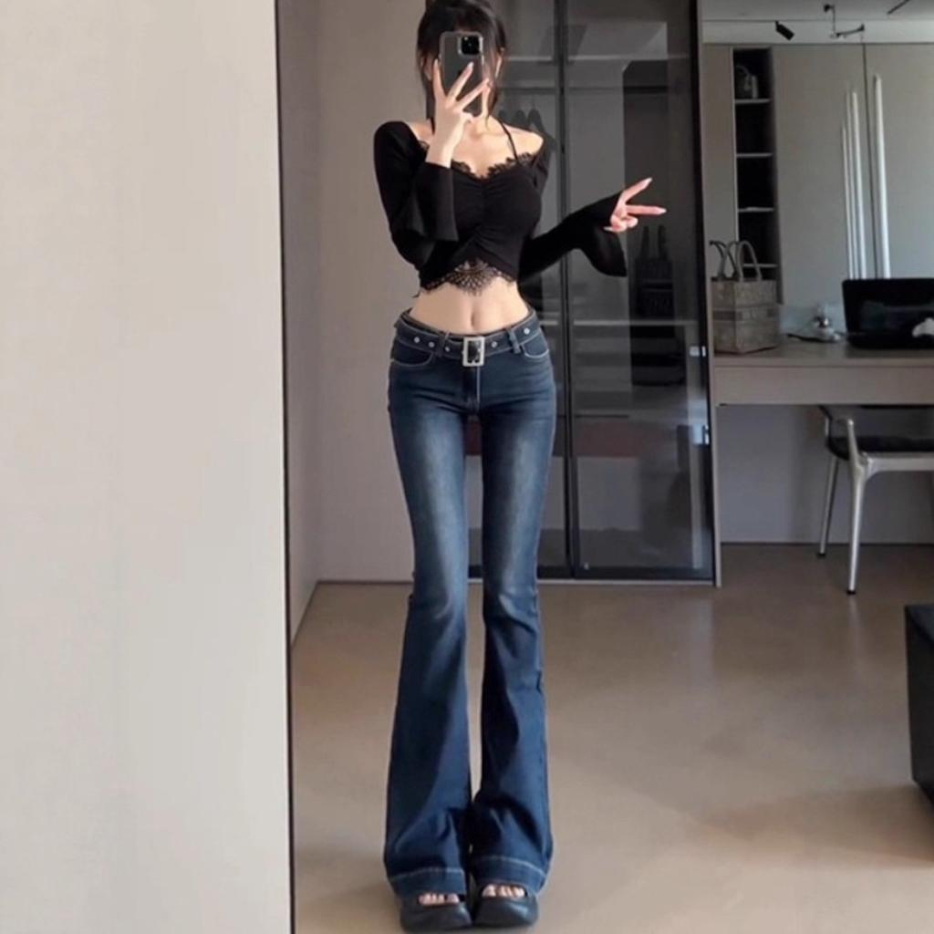 Jeans Donna a Vita Bassa Svasati Pantaloni a Zampa Elasticizzati Pantaloni in Denim Retro