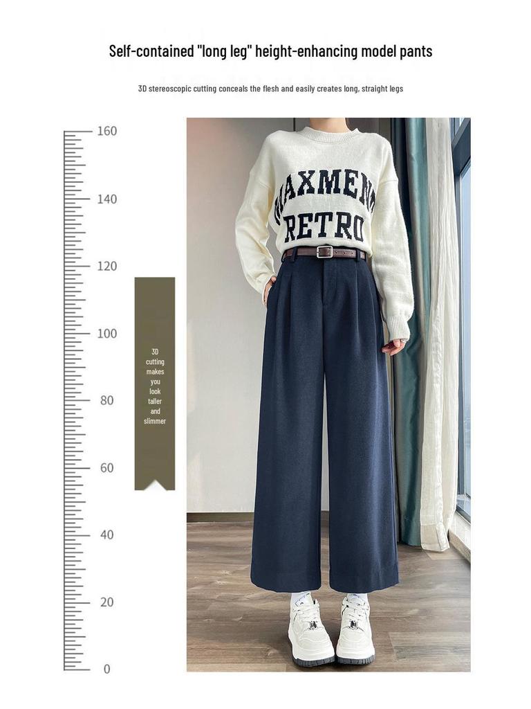 Real Shot 2026 Autumn/Winter Women's Plus Velvet High-Waisted Cropped Woolen Trousers - Straight, Narrow, or Wide Leg Styles