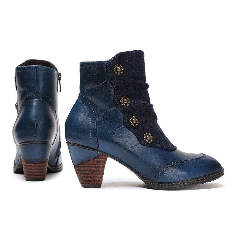 Johnature Patchwork Shoes Women Boots Genuine Leather Cloth Winter Retro Handmade Concise Round Toe Platform Boots