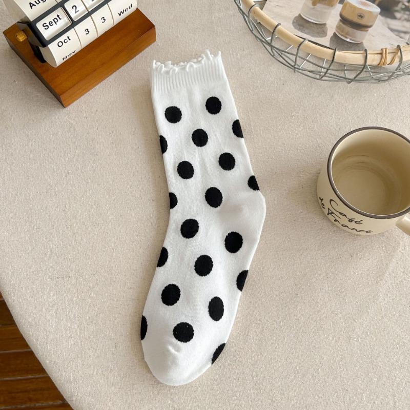 Polka Dot Socks, Women's Mid-calf Socks, Black Fungus Edge Pile Socks, Cotton Lace Long Calf Socks for Autumn and Winter, Women