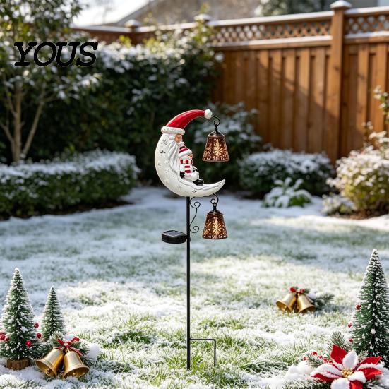 Holiday Bell Hanging Garden Ornaments Solar Christmas Light, Santa Crescent Snowman Decorative Light with Stake, Seasonal Lawn Decorations Waterproof
