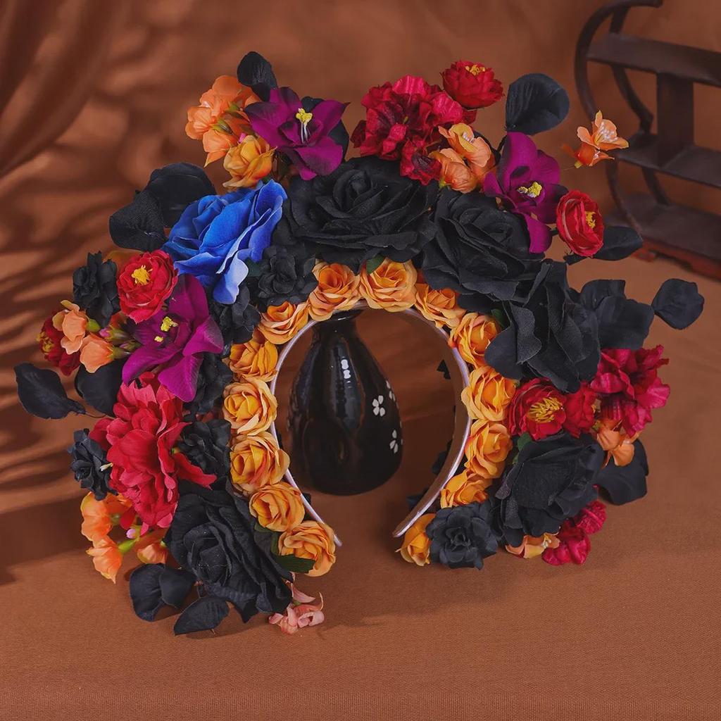 Quanzhou Hanfu Silk Flower Hairpin Headband - Dark Series Floral Crown