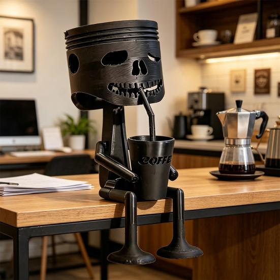3D Printed Coffee Drinking Desk Sculpture Hanging Skull Ornament Matte Black Edge Design for Office Desks Coffee Corners Stress Relief Gift Decor