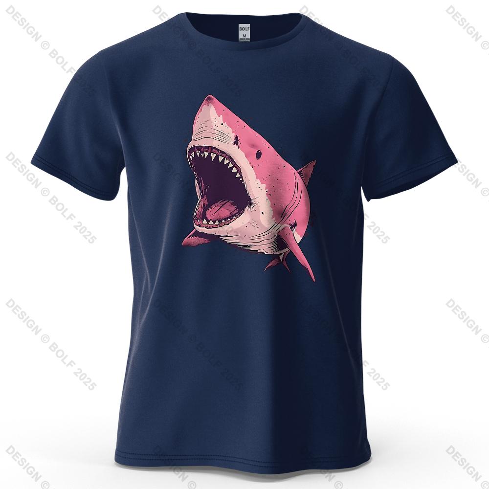 Pink Shark Cartoon Pattern Printed Short Sleeved Summer New Personalized Unisexs and Womens Casual Soft Skin Friendly Tshirt