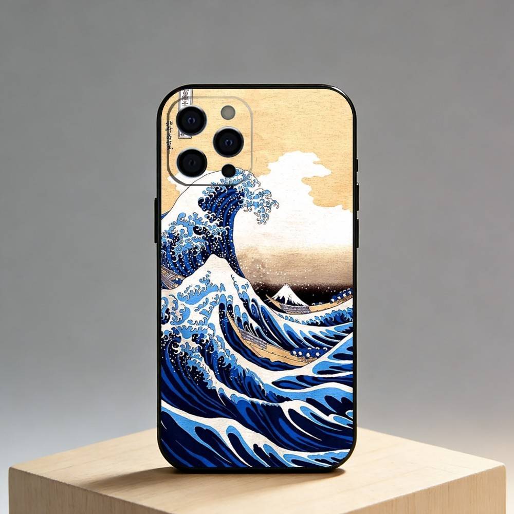

The Great Wave Off Kanagawa Phone Case For iPhone17,16,15,14,13,12 Plus,Max Soft Silicone Black Cover iPhone16e