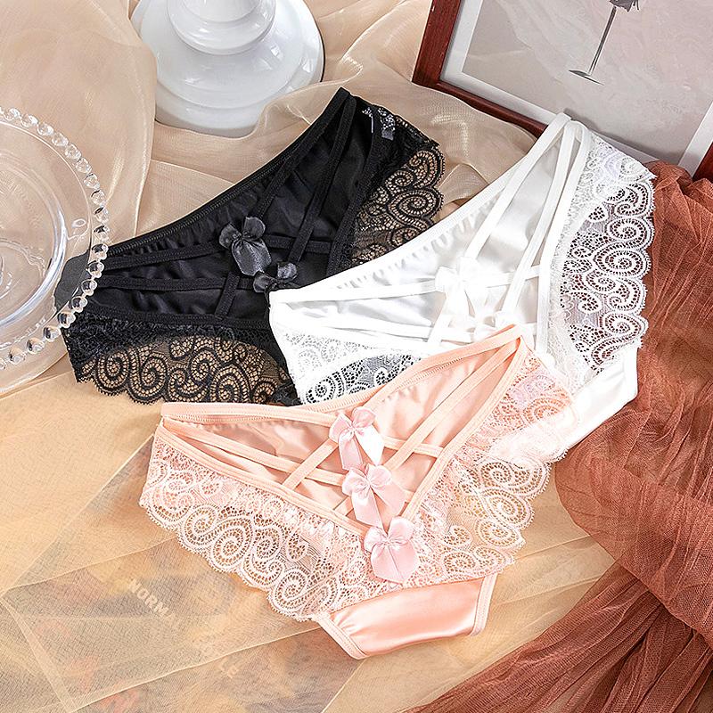 Women Bowknot Mid Waist Satin Panties Solid Color Spaghetti Strap Lace Briefs Hollow Out Seamless