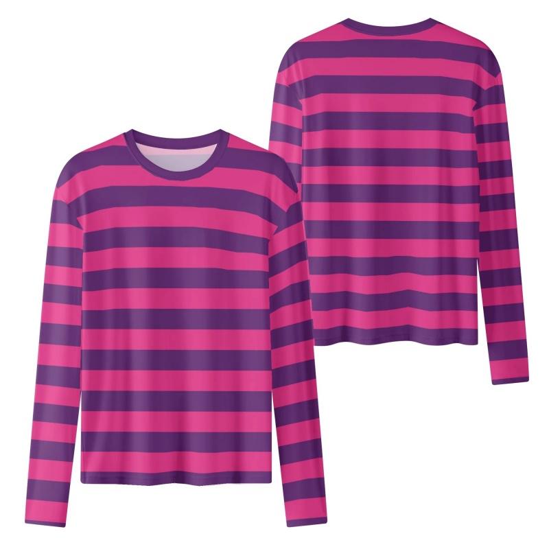 Damen Langarm-T-Shirt Rosa und Lila Gestreift Grafik Ästhetisch Rundhalsausschnitt Grinsekatze Halloween Kostüm Damen T-Shirt Oberteil