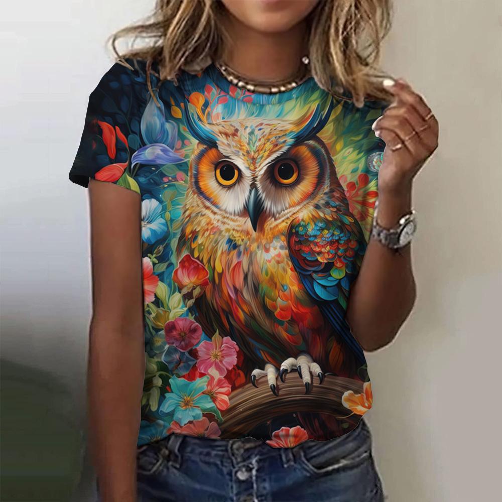 Women's Short Sleeved 3D Cute Owl Pattern Printed T-shirt, Fashionable Animal Print Round Neck T-shirt, Women's Clothing, Women's Top