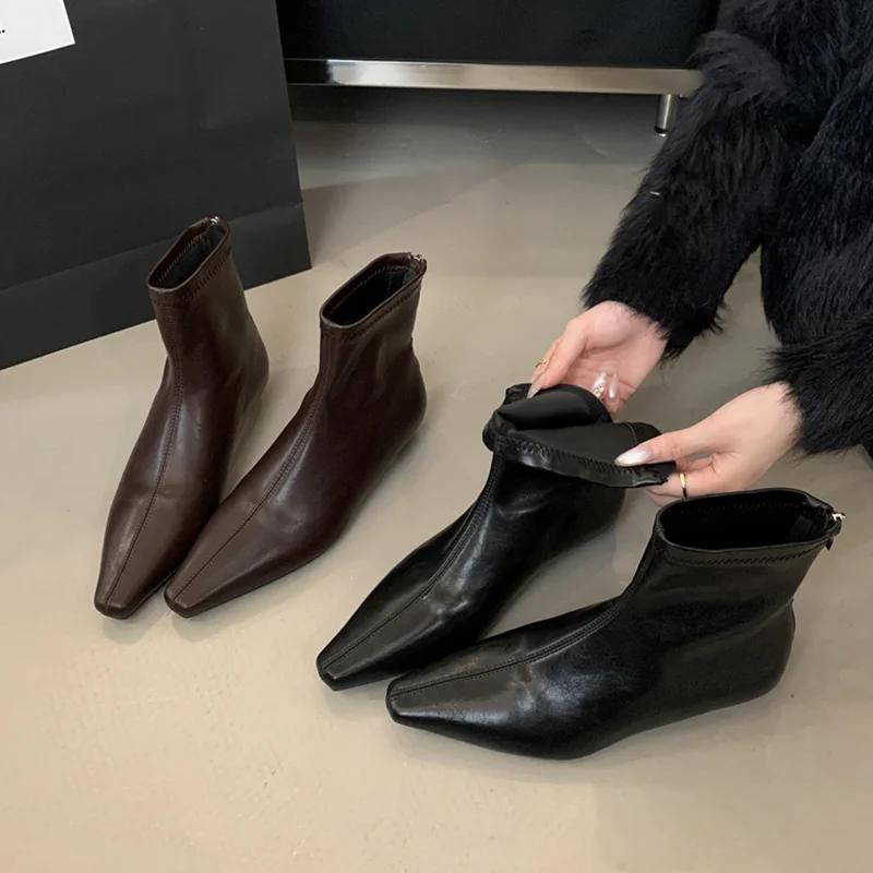 Ankle Boots for Women Flats Pointed Toe Leather Shoes 2026 Winter Fashion Boots New Walking Leather Designer Chelsea Mujer Botas