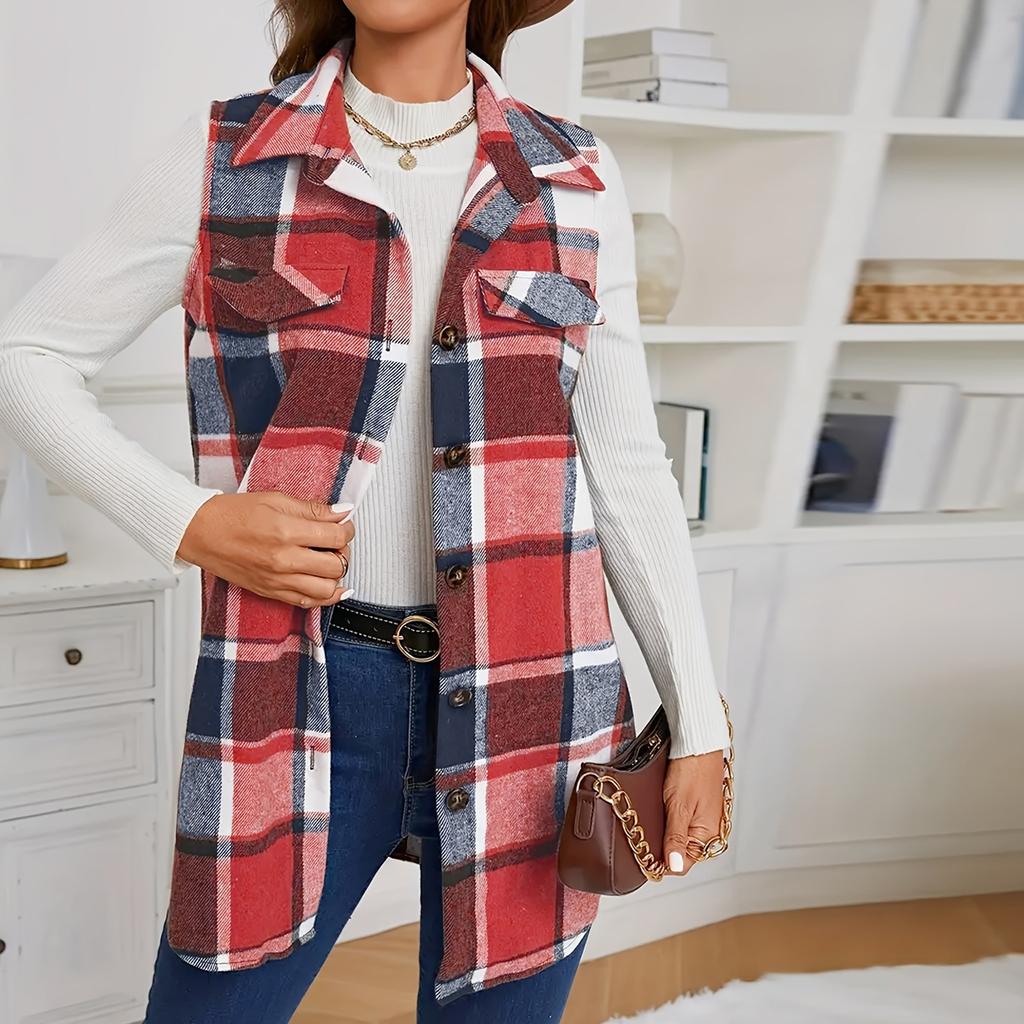 Women's Fashion Casual Tank Top Long Plaid Button-down Vest with Pocket Jacket