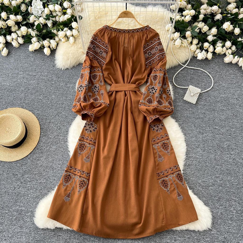 Bohemian Embroidered Lantern Sleeve Tie-Waist Dress for Women