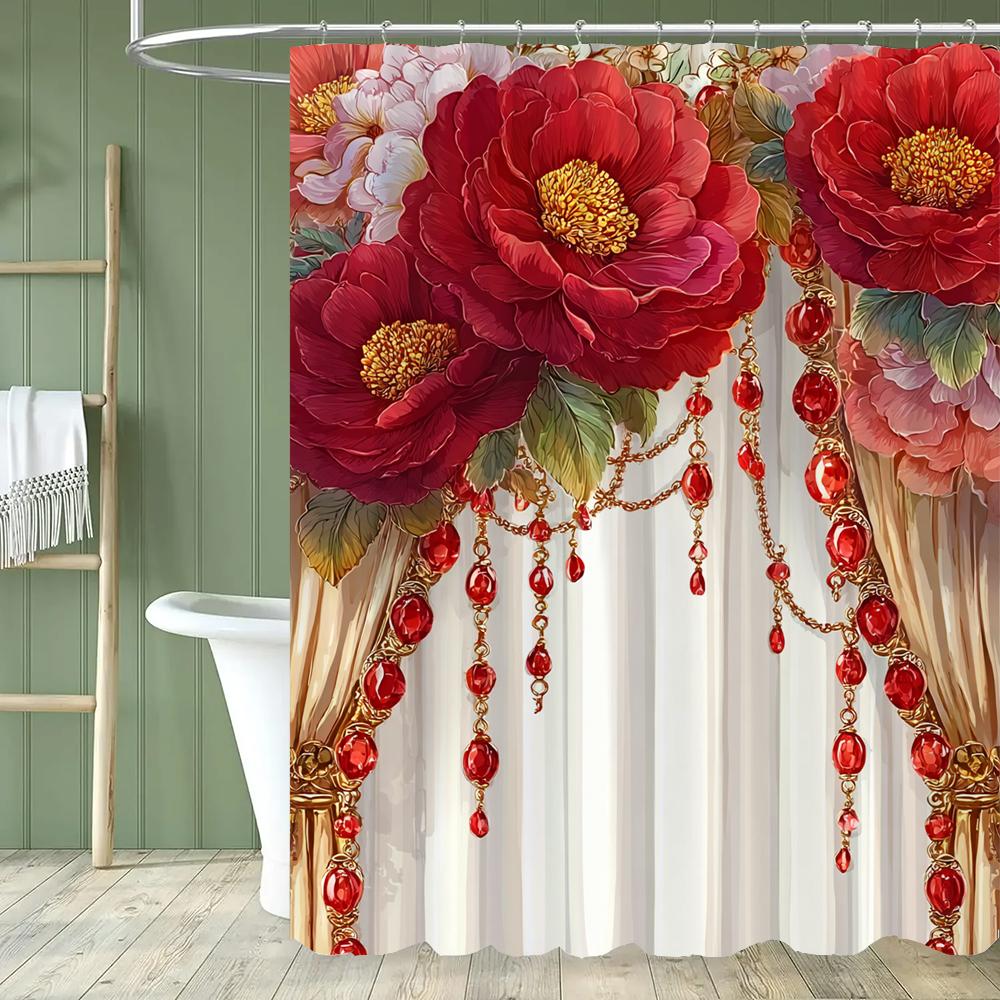 1 Piece Imitation Of European Flower Style Shower Curtain, Bathroom Curtain With Hooks,Printed Polyester Home Decorative Curtain