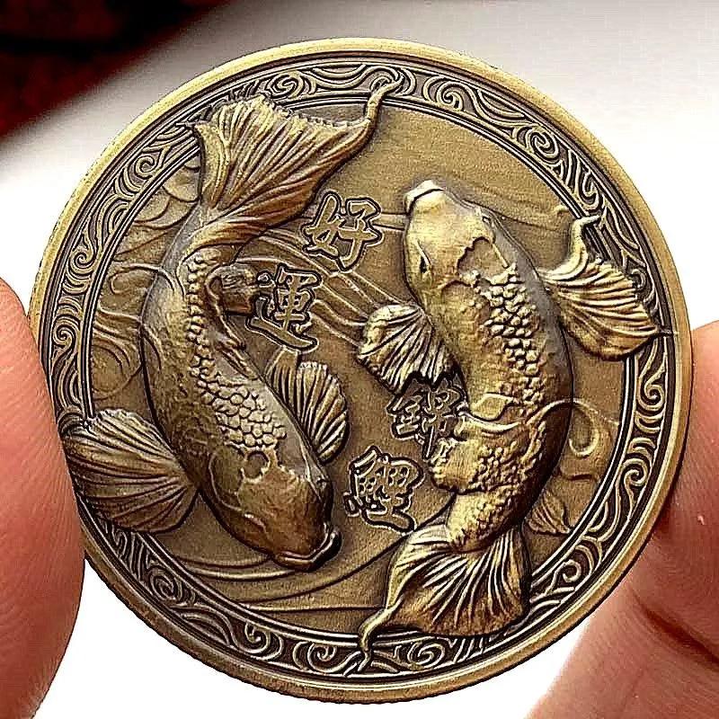 Two koi carps for good luck in the color of old bronze, 40 mm
