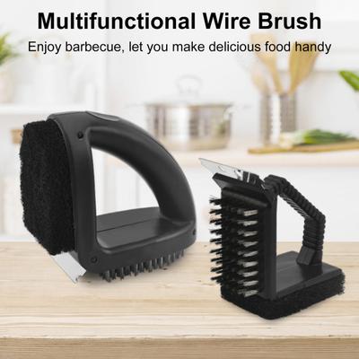 Brosse de nettoyage 3 en 1, brosse à récurer pour gril avec grattoir, conception ergonomique, éponge de nettoyage, filet de Barbecue, brosse métallique de lavage, outil de BBQ