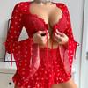3 Piece Sets See-Through Sexy Lingerie For Women Red Love Heart Bra Mesh Patchwork Ruched Lace Up Skirts Thong Erotic Costumes