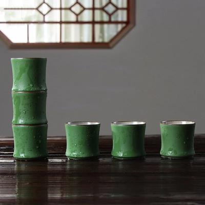 80ml Chinese Ceramic Tea Cup with Bamboo Holder Green Glaze Kung Fu Gongfu Tea Set for Tea Ceremony Zen Meditation Home Use Gift
