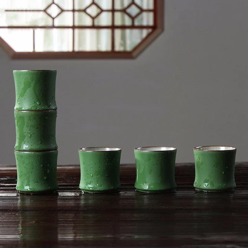 80ml Chinese Ceramic Tea Cup with Bamboo Holder Green Glaze Kung Fu Gongfu Tea Set for Tea Ceremony Zen Meditation Home Use Gift