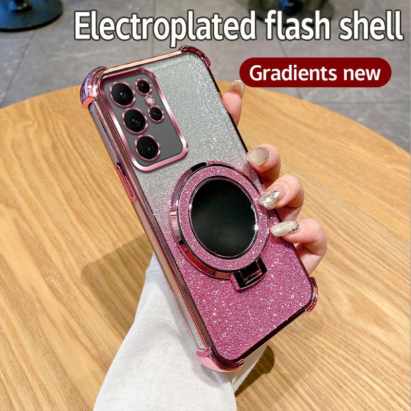 Shockproof Holder Ring Mirror Phone Case For Samsung Galaxy Note 20 S25 S24 S23 S22 S21 S20 FE Ultra Plus A06 A16 A36 5G Cover