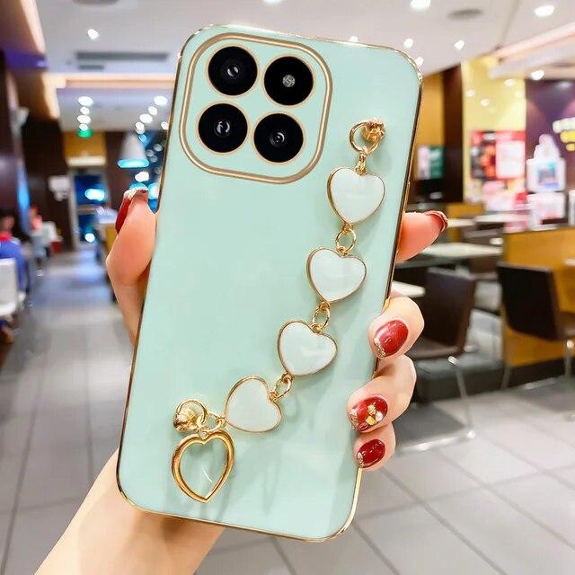 

Чехол-браслет с гальваническим покрытием Love Heart для Xiaomi Mi 14T Pro 13T Pro 12T 11T Pro Chain Wristband, защита объектива камеры, мягкий чехол For Xiaomi 14T зелёный