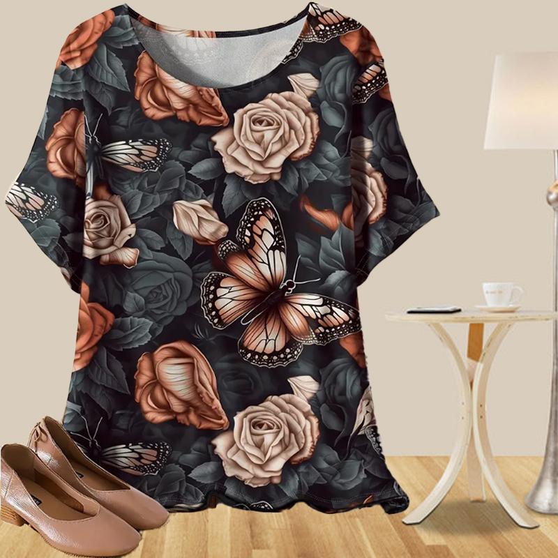 Women's Fashion Casual Loose Spring Shirt Women's Short Sleeve Electrocardiogram Butterfly Flower Printed Tops
