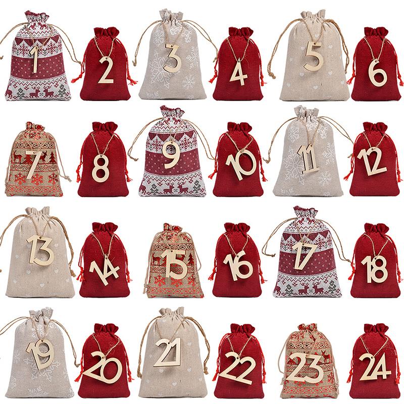 Christmas Advent Calendar Burlap Bag Drawstring Countdown Bag For DIY Candy Gift Party Favor Kids Adults