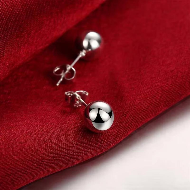 925 Silver 8/10mm Round Smooth Solid Bead Ball Stud Earrings For Women Wedding Engagement Party Jewelry