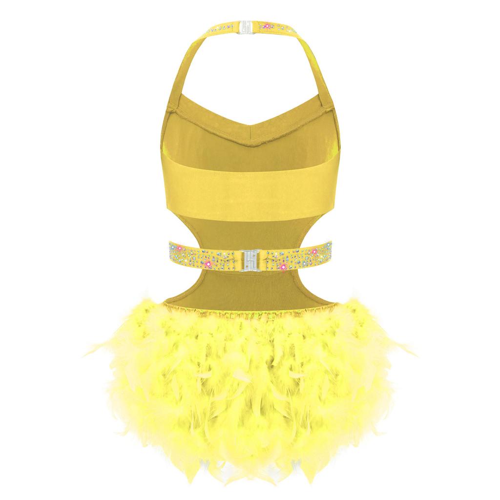 Girls Latin Dance Costume Sparkly Rhinestones Halter Leotard with Feather Skirt for Performance