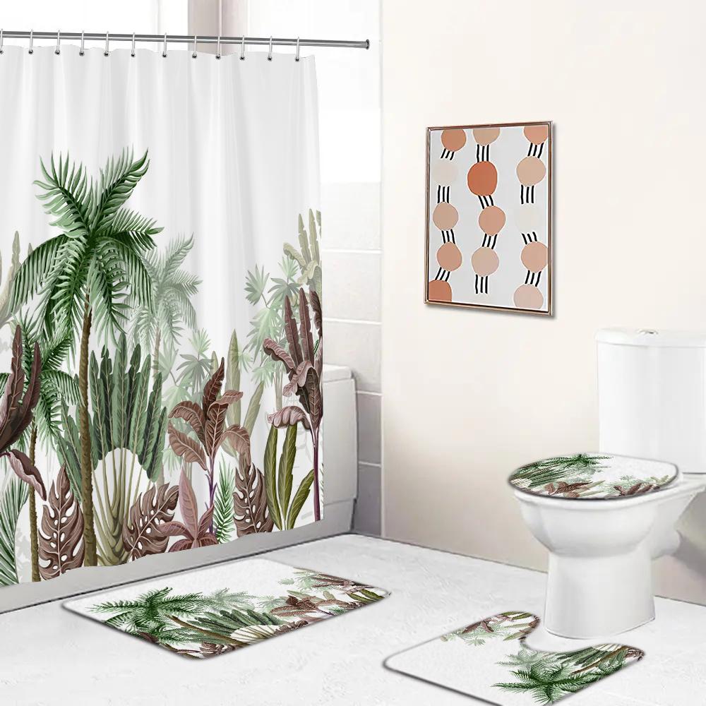 

Tropical Palm Trees Leaves Print Shower Curtain With Hooks High Quality Waterproof Bathroom Curtain Bath Mat Set Home Decoration W60H190(CM)-1 Pcs