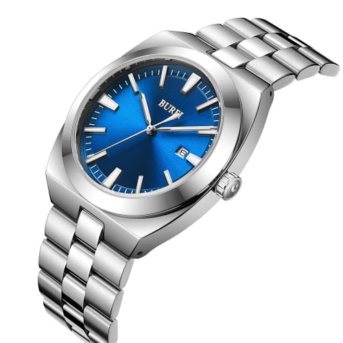 BUREI Men's Analog Quartz Watch, Simple, Waterproof, Silver, Large Dial, Date Display, Popular, Stylish, Gentleman's, Business, Casual, Luminous, Silv