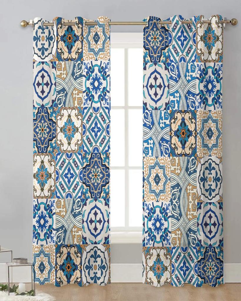 Portuguese Ethnic Flower Ceramic Tile Tulle Sheer Window Curtains for Living Room Bedroom Modern Voile Organza Curtains Drapes