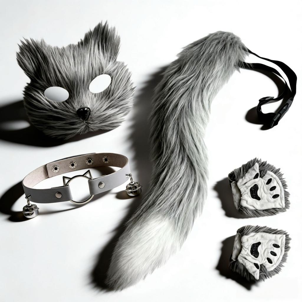Womens Cosplay Set Animal Ears Mask Plush Gloves Tail Bell Collar Halloween Party